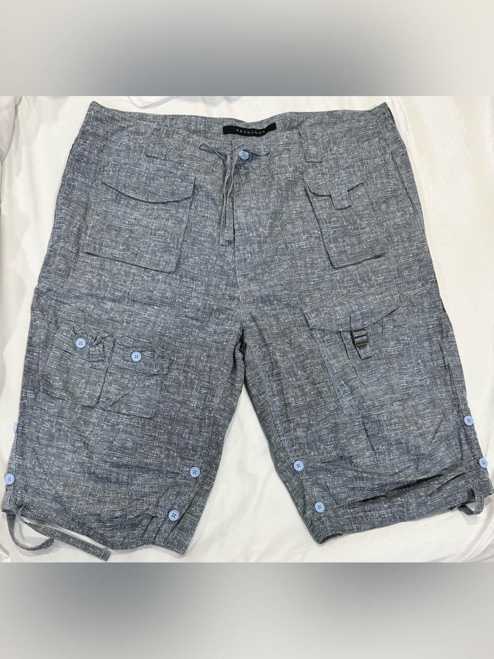 Men's Sean John Denim Blue Cargo Linen-Blend Shorts